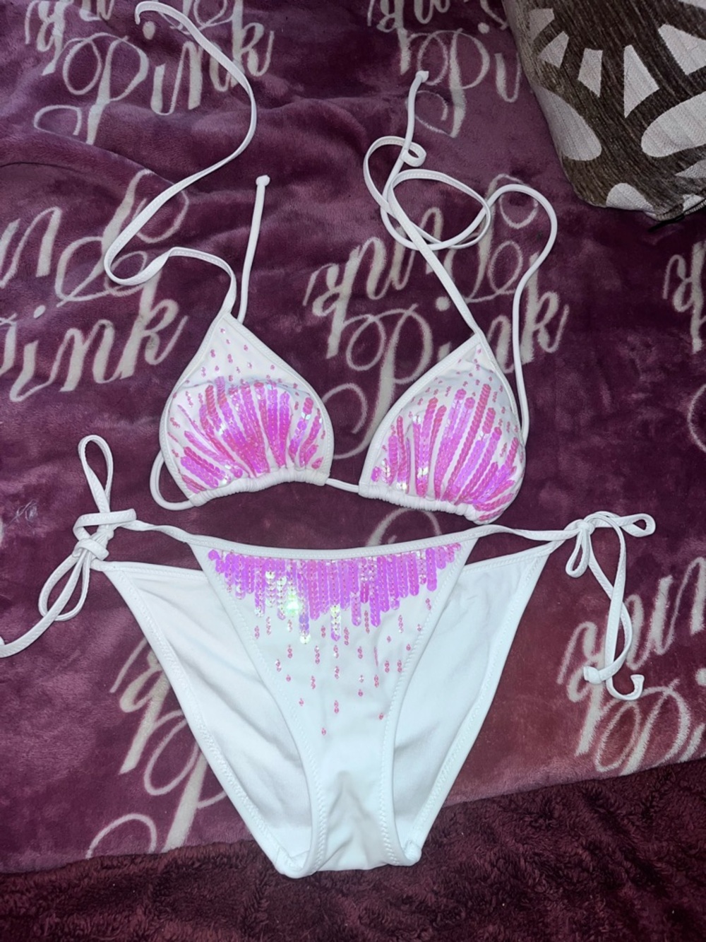 Victoria's Secret White Bikini with Pink Sequins- VINTAGE perfect condition